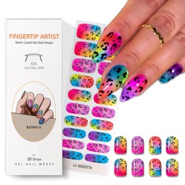Pureglow Co Semi Cured Gel Nail Strips 20 Pcs Gel Nail Stickers for Women Nail Art for Use with Any UV/LED Lamp Nails Wraps Easy to Apply & Remove - Gradient Rainbow Glitter Leopard
