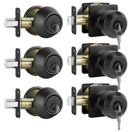 Haidms Entry Black Door Knobs and Deadbolt Combo Set, Keyed Alike - Matte Black Door Knobs with Lock and Keys for Front Door, Exterior, Front Door Lock Set with Single Cylinder Deadbolt - 3 Pack