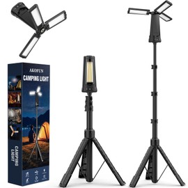 AKOFUN Camping Light with Stand, 15000 mAh Rechargeable Cordless Work Light with 3 LED Lamp Heads, 5500 Lumens Dimmable Camping Essentials Gear Emergency Flashlight with 86" Detachable Tripod, Black