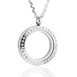 BG247 Stainless Steel 30mm Glass Floating Memory Living Locket Circle Necklace (Silver Circle, Rhinestone)