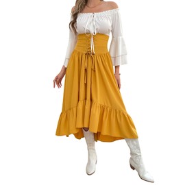 Women Renaissance Costume Medieval Victorian Fancy Dresses High Waisted Lace-up Skirt Set(S,Yellow)