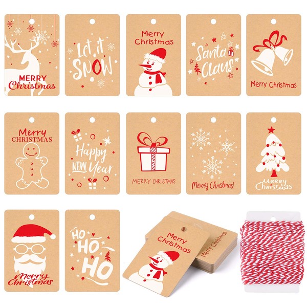 Kuuqa 50 Pièces Kraft Papier De Noël Étiquettes De Cadeau pour Noël Cadeau Emballage Étiquette avec Corde Suspendue, 5 Conception Différente