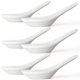 Wareland Asian Soup Spoons Set of 6, Ceramic Chinese Soup Spoons Japanese Spoon for Ramen Pho Dumpling Miso Wonton Noodles 5.5 Inch | Flat Bottom Design | White