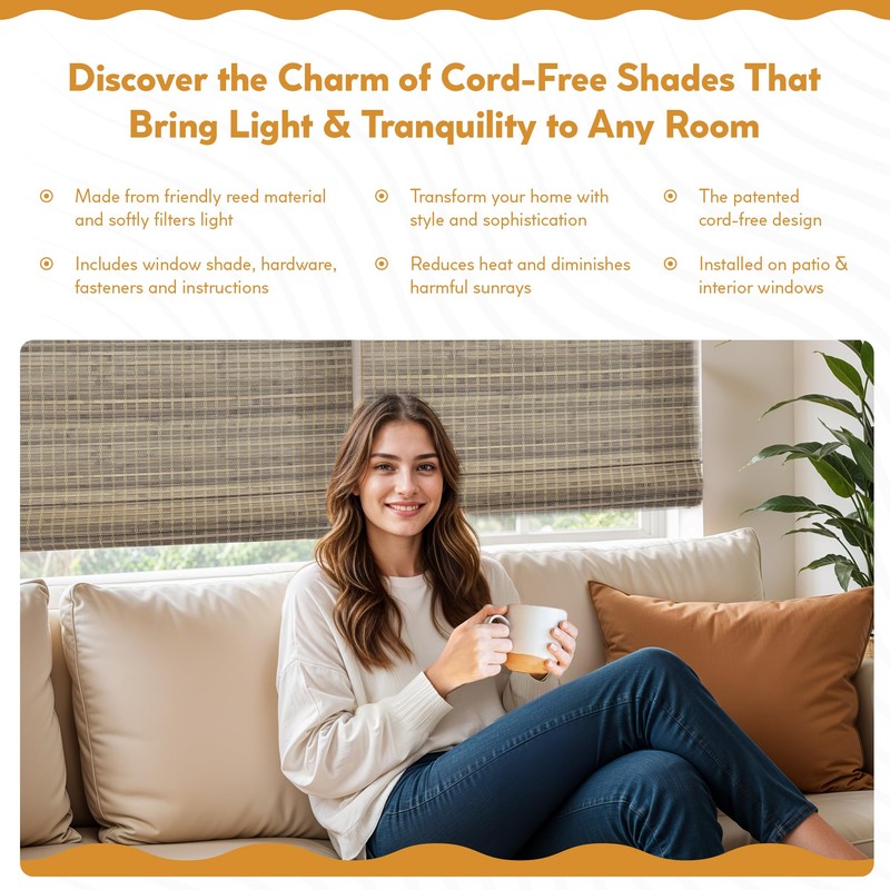 Radiance Cordless Bamboo Roman Shades for Windows - Flatweave Bamboo