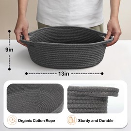 MEGASKET Small Rope Basket, Baskets for Gifts Empty, Cute Woven Basket for Dog Toy, Cat Toy Bin Box, Wicker Organizing Basket for Book, Baby Diaper, Towels, Snack, 13” x 9” x 5”, Dark Gray