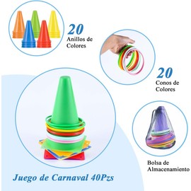Juego de Carnaval 40Pzs, Juego Lanzamiento de Aros con 20 Marcadores Conos Suave de Fútbol, 20 Anillos y Bolsa de Malla Transporte, Juegos Exterior para Jardín Patio Fiesta Familiar Cumpleaño Escuela