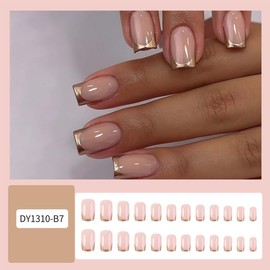 Gold French Tip Press on Nails Medium Fake Nails Square False Nails Full Cover Acrylic Glue on Nails Artificial Nails Glossy Nude Stick on Nails for Women Manicure Decoration 24Pcs