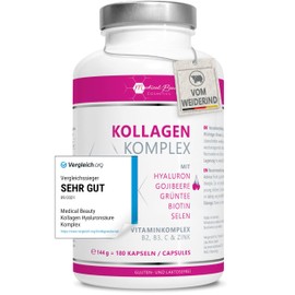 Medical Beauty Cosmetics Premium Kollagen Hyaluronsäure Komplex - mit dem Superfood Gojibeere und Grüntee - 180 Kollagen Kapseln vom Weiderind. 1000mg Kollagen Hydrolysat, Biotin, Selen, Zink, Vitamine C, B2, B3.