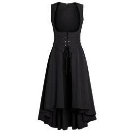 Eunchaes Women Renaissance Costume Medieval Peasant Dress Underbust Pirate Fairy High Low Dresses with Pockets(Z3884BK,XL)
