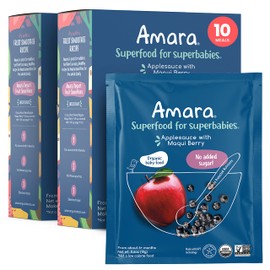 Amara Organic Baby Food - Stage 2 - Applesauce & Maqui Berry - Baby Cereal to Mix With Breastmilk, Water or Baby Formula - Shelf Stable Baby Food Pouches Made from Organic Fruit - 10 Pouches, 3.5oz Per Serving