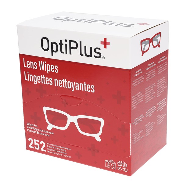 OptiPlus Eyeglass Lens Wipes l Pre-Moistened l Cleaning Wipes for Glasses, Computer & Laptops Screens, Smart Phones, Optical Lens, Goggles, and Watch Screen l Quick-Dry & Scratch-Free | 252 Count