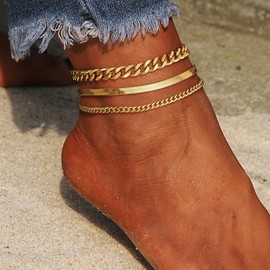 YADOCA 3Pcs Gold Anklets for Women, 14K Gold Ankle Bracelets Waterproof Women's Anklet Set Layered Ankle Bracelet Anklets for Teen Girls Jewelry Gift, 1