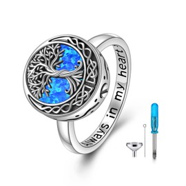 Sterling Silver Tree of Life Urn Ring for Ashes Celtic Knot Opal Family Tree Memorial Keepsake Jewelry Always in My Heart Cremation Ring for Women Men