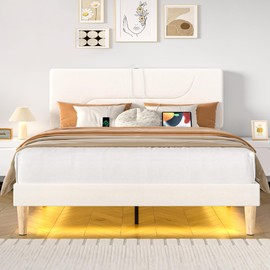 VECELO Queen Size Bed Frame with LED Lights, Upholstered Velvet Headboard with Charging Station, Metal and Wood Slats, No Box Spring Needed, Noise Free, Beige
