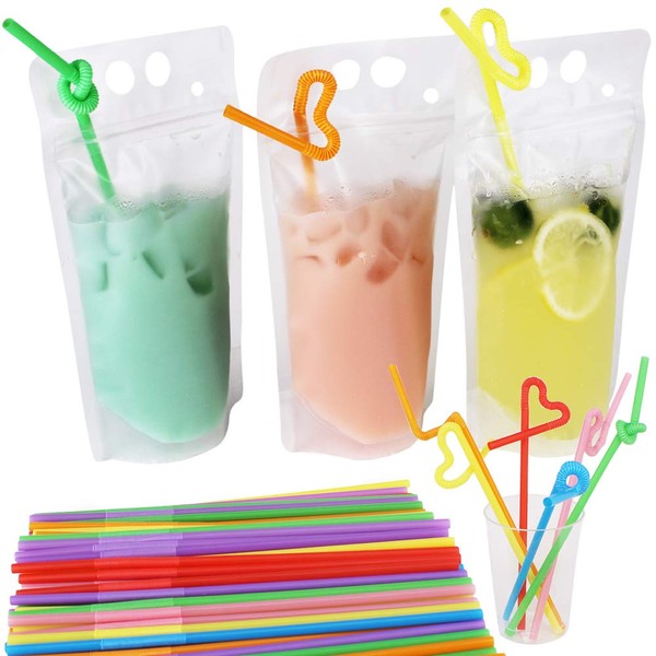 Belinlen 100 Pack 9.1 x 5.2 Inch/17 Ounce 8mil Clear Drink Pouches with Heavy Duty Hand-held Translucent Reclosable Zipper Stand-up Plastic Pouches Bags Drinking Bag 2.4 Inch Bottom Gusset with Straws