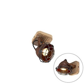 Qazqa Industrial Pot with Wood Tilting, Gina, Interior Lighting, Living Room Lamp, Bedroom, Kitchen, Steel, Round LED, Suitable for GU10 Max. 1 x 25 Watt