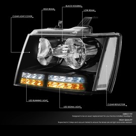 Auto Dynasty LED DRL Signal Black Housing Clear Corner Headlight Lamps+Tool Kit Compatible with Chevy Avalanche Tahoe Suburban 07-14