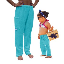 Paradise Towelwear Co. Towel Pants for Swimmers – Turquoise Blue Green - Cotton Terry Towel Pants – Beach Coverup – Resort Wear – Swim wear… (Kids XS)