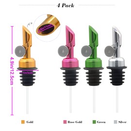 KIBBEH 4 Pack Colorful Stainless Steel Pourers Auto Flip Olive Oil Dispenser Spout One Handed Open & Close Cap Keeps Oil Fresh Alcohol Pour Spouts (Gold, Silver, Rose Gold, Green)