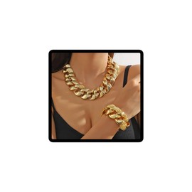 Caiguoer 2-Piece Punk Necklace Set, Solid Gold, Cuban Chain, Women