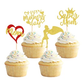 Keaziu Paquete de 24 decoraciones para cupcakes con texto en inglés "Happy Mother's Day", "Love You Mom", "Super Man", decoración de tartas, suministros de fiesta para el día de la madre, decoración de cupcakes, color dorado