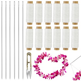 19 PCS Lei Needle Kit Include 6 PCS 12 Inch Graduation Large Eye Lei Sewing Needle 12 Lei Needle Twine 1 Sewing Scissor for DIY Graduation Hawaiian Lei Flowers Wreath Sewing Bead Stitch Craft | QINLECTRI