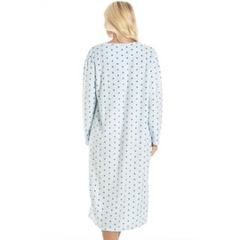 Camille Ladies Long Sleeved Nightdress - Polka Dot Smooth Womens Nightwear - Fleece Nightie with Round Neck Button Fastening Blue 14-16