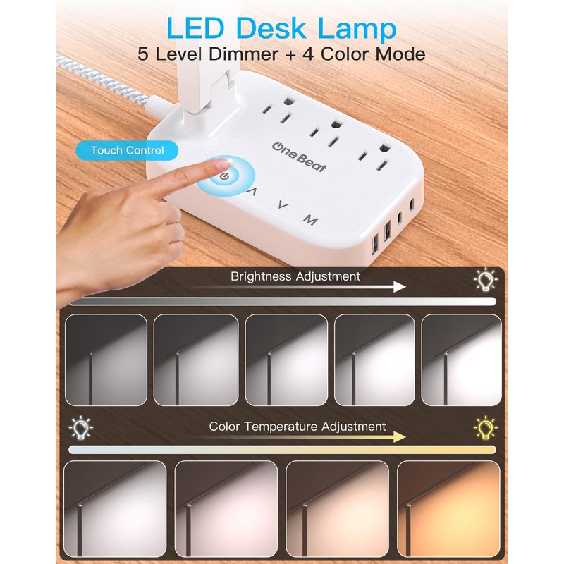 Power Strip with LED Desk Lamp, 3 Outlets 4 USB