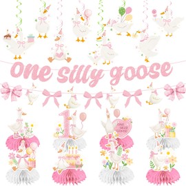 17pcs Silly Goose Birthday Decorations Set Include Banner, Hanging Swirls, Honeycomb Centerpieces for Pink One Silly Goose Birthday Decor Girl Photo Party Supplies