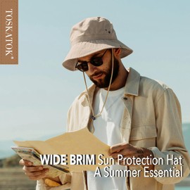 TOSKATOK UPF 50+ Unisex Safari Outback Australian Bush Hat with Wide Brim, Removable Chin Strap, Side Snaps and Vents, Cotton, beige