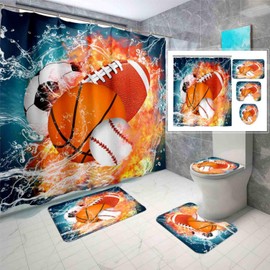 WJLBKGU Basketball Shower Curtain Set 4PCS - Sports Themed Basketball, Soccer, Baseball, Football Shower Curtain for Boys Bathroom Shower Curtain Set with Rug, Toilet Cover and Bath Mat, 12 Hook