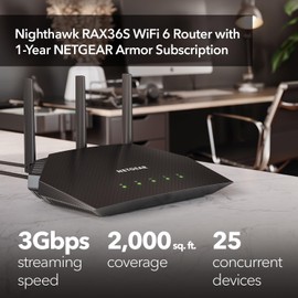 NETGEAR Nighthawk WiFi 6 Router (RAX36S) – 4-Stream Gigabit Router AX3000 Dual-Band Wireless Speed (Up to 3Gbps) | Covers up to 2,000 sq. ft., 25 Devices | Includes 1-Year Armor Internet Security