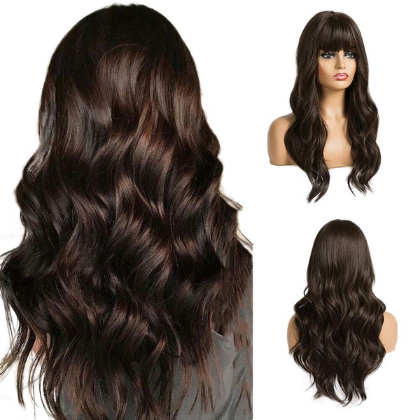 Esmee 24" Long Brown Color Synthetic Natural Wave Wigs with Neat Bangs for White/Black Women Party Wear.