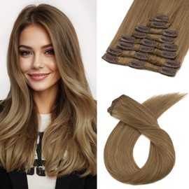 Benehair Clip in Hair Extensions Real Human Hair 8 Pieces Remy Straight Hairpieces for Full Head Seamless #6 Light Brown Human Hair Extensions with Clips 12 Inch (55 g)
