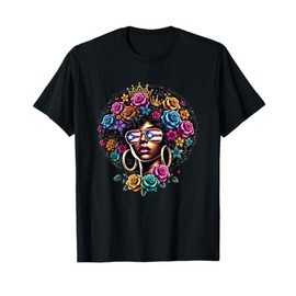 Afro Boricua Girl Flowers Hair Sunglasses Puerto Rican Flag T-Shirt