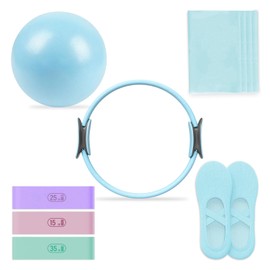 AAMMZZ Pilates Essential Kit - Home Pilates Equipment Set - with Toning Pilates Ring & Long Resistance Bands & 3 Level Pilates Loop Bands & Soft Pilates Ball & Pilates Grip Socks (Blue)