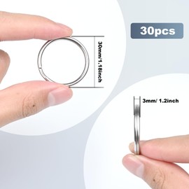 HUSAIHU 30Pcs Key Ring Hoops (30mm), Round Silver Key Rings, Stainless Steel Split Rings, Metal Key Chain Ring for Keys Organization, Craft and DIY Arts