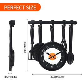 Kitchen Decorative Wall Mounted Clock, Food Spoon and Fork Coffee Unique Clock Modern Creative Sticker Silent Non-Ticking Battery Operated with for Dinning Hall Restaurant Café Room Home (Black)