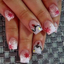 Christmas Press on Nails Short Square SWEKKE White French Tip Fake Nails False Nails Designs with Light Snowflake Glitter Glossy Glue on Nails Acrylic Nails for Women Girls 24 Pcs