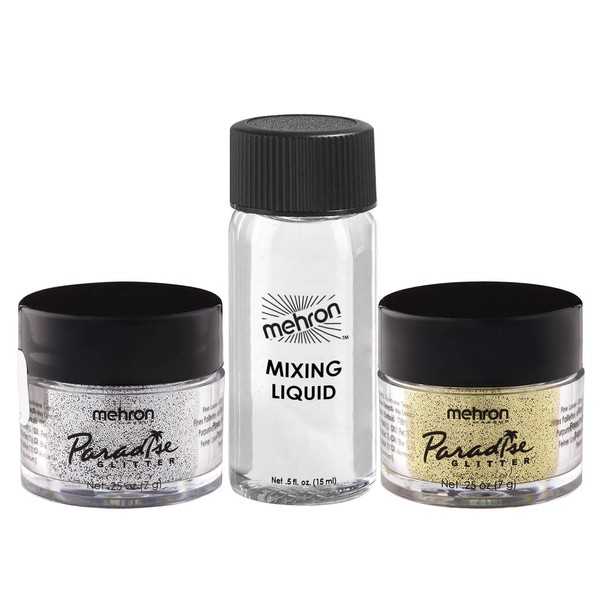 Mehron Makeup Paradise AQ Glitter with Mini Mixing Liquid (Silver & Gold)