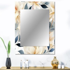 DesignQ Neutral Dreamscape Floral Wall Mirror, Printed Beige Wall Mirror, Traditional Bathroom Wall Mirror, Decorative Floral Mirror - 30x40 Inches