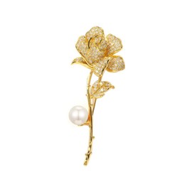 Rhinestone Pearl Rose Brooch Pin Rose Flower Lapel Pin Gold Crystal Flower Lapel Brooch Rose Corsage Pin Cloth Dress Accessories Gift for Women Girl