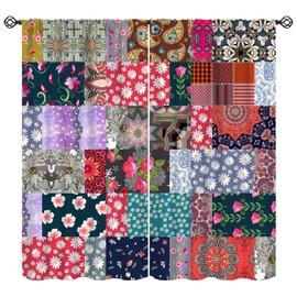 Patchwork Curtains, Hippie Patchwork Pattern Flowers Window Treatments, Retro Rod Pocket Thermal Insulation Drapes for Bedroom Living Room Kitchen, 42" W X 45" L