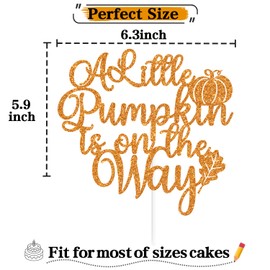 Decoración de pastel con purpurina de calabaza con texto «A Little Pumpkin is on the Way», calabaza Oh Baby / Little Pumpkin, decoración de fiesta con temática de calabaza, revelación de género