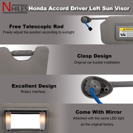 NHILES Left Driver Side Sun Visor Compatible with Honda Accord 2008 2009 2010 2011 2012 2013 2014 2015 2016 2017 with Light Replaces # 83280-TA5-A51ZA (Grey)