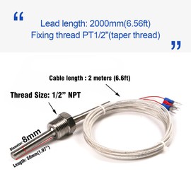 ATOPLEE 1pc Temperature Sensor Probe,Stainless Steel Waterproof Pt100 Ohm Probe Sensor 1/2 inch Thread with Insulation Lead Wire(-50-250°C)