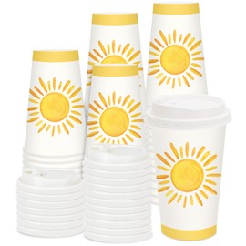 FYSUIMU 50 Sets Boho Sun Coffee Cups with Lids 16oz Yellow Sunshine Paper Cups First Trip Around The Sun Disposable To Go Coffee Cup for Summer Birthday Baby Shower