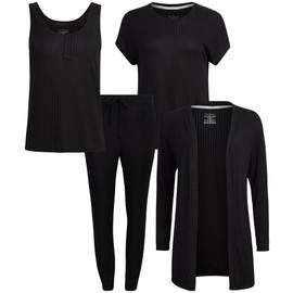 Live2Lounge Women's Pajama Set - 4 Piece Wrap Cardigan, T-Shirt, Tank Top, and Jogger Pants (S-XL), Size Medium, Deep Black