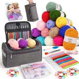 Aeelike Crochet Set for Beginners with 16 Crochet Yarn, Portable Crochet for Beginners, 2.0-8.0 mm Ergonomic Soft Grip Crochet Hooks Set, Grey Crochet Bag, Crochet Accessories, Transparent Storage Box