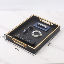 Wooden Structure Leather Decorative Tray, Decorative Coffee Table Square Tray, Farmhouse Counter PU Tray - Room Serving Trays Storage Tray, Brushed Champagne Gold Handle (Black)